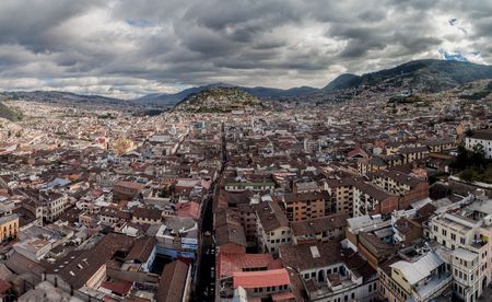 Aerial view of Quito, capital of Ecuador. El Panecillo hill in the middle.の写真素材