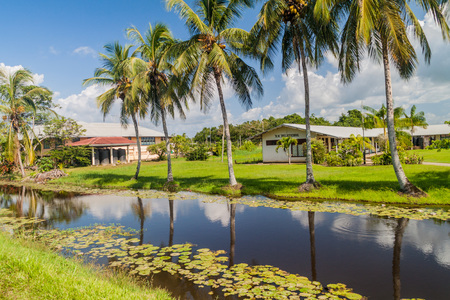 Water canal between former plantations in Suriname. School in the background.の写真素材
