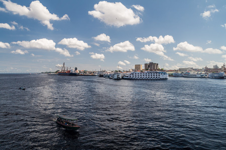 MANAUS, BRAZIL - JULY 27, 2015: River boats anchored in Manaus, Brazilのeditorial素材
