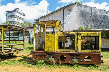 Old train engine at former sugarcane factory at Marienburg plantation in Surinameの写真素材