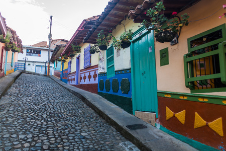 Colorful decorated houses in Guatape village, Colombiaのeditorial素材