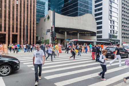 SAO PAULO, BRAZIL - FEBRUARY 2, 2015: View of skyscrapers along Avenida Paulista in Sao Paulo, Brazilのeditorial素材