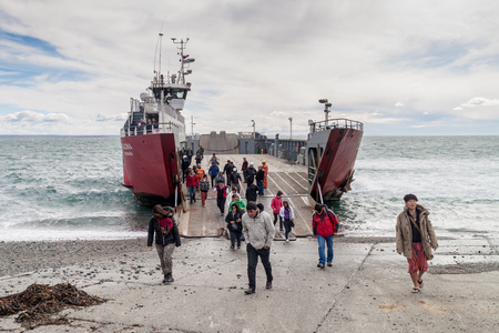 MAGELLAN STRAIT - MARCH 3, 2015: Ferry over Magellan strait between Tierra del Fuego island and mainland, Chileのeditorial素材