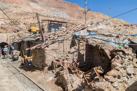 POTOSI, BOLIVIA - APRIL 20, 2015: Bolivian miners go to work inside Cerro Rico mine in Potosi, Bolivia.の写真素材