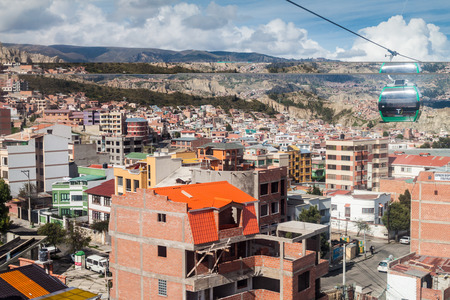 LA PAZ, BOLIVIA - APRIL 28, 2015: Aerial view of La Paz with Teleferico (Cable car)のeditorial素材