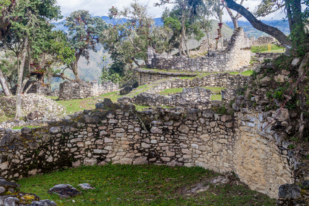 Ruins of round houses of Kuelap, ruined citadel city of Chachapoyas cloud forest culture in mountains of northern Peru.の写真素材