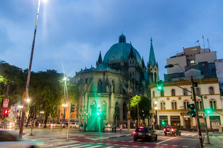 SAO PAULO, BRAZIL - FEBRUARY 2, 2015: Evening view of Catedral da Se cathedral in Sao Paulo, Brazilのeditorial素材