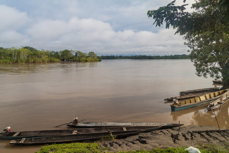 Dugout canoe called Peke Peke on a river Napo, Peruの写真素材