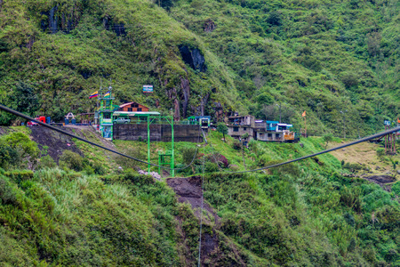 BANOS, ECUADOR - JUNE 22, 2015: Cable car is used for observing Agoyan falls near Banos, Ecuadorのeditorial素材