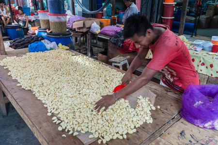 IQUITOS, PERU - JUNE 17, 2015: Garlic seller on Belen Market in Iquitosの写真素材