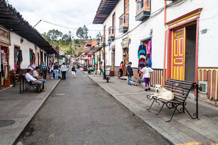 SALENTO, COLOMBIA - SEPTEMBER 7, 2015: Colorful decorated houses on Calle Real (Royal Street) in Salento village, Colombiaのeditorial素材