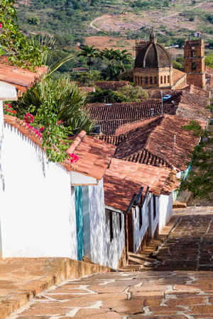 Old colonial houses in Barichara village, Colombiaの写真素材