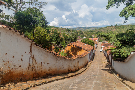 Old colonial houses in Barichara village, Colombiaの写真素材