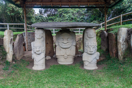 Ancient statues in archeological park in San Agustin, Colombiaのeditorial素材