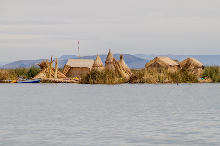One of Uros floating islands, Titicaca lake, Peruの写真素材