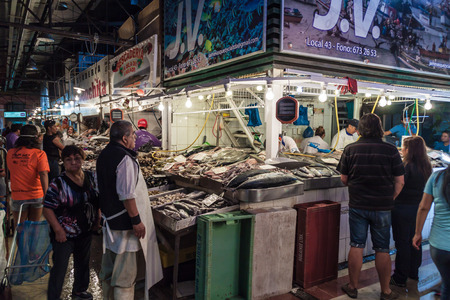 SANTIAGO, CHILE - MARCH 28, 2015: Fresh fish and seafood on Mercado Central market in the center of Santiago, Chileのeditorial素材