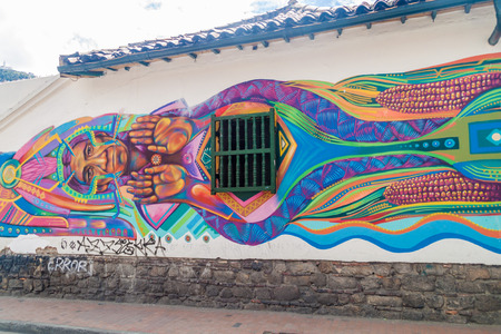 BOGOTA, COLOMBIA - SEPTEMBER 24, 2015: Wall covered by graffiti in the La Candelaria neighborhood of Bogota, capital of Colombia.のeditorial素材