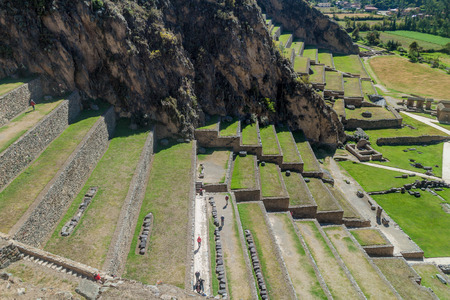 Agricultural terraces of Inca ruins of Ollantaytambo, Sacred Valley of Incas, Peruの写真素材