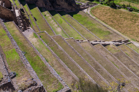 Agricultural terraces of Inca ruins of Ollantaytambo, Sacred Valley of Incas, Peruの写真素材