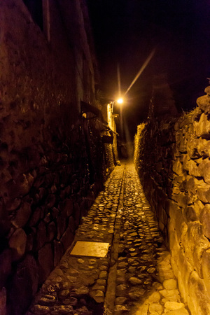 Night view of ancient streets of Ollantaytambo, Sacred Valley of Incas, Peruの写真素材