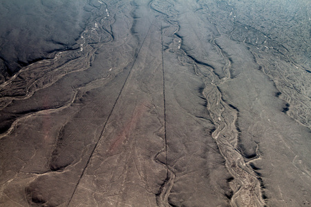 Aerial view of geoglyphs near Nazca - famous Nazca Lines, Peru. This figure is called Trapezoid.