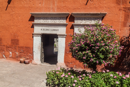 Door of a building in Santa Catalina monastery in Arequipa, Peruの写真素材