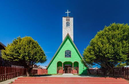 Wooden church listed in UNESCO, Curaco de Velez village, Isla Quinchao island, Chileの写真素材