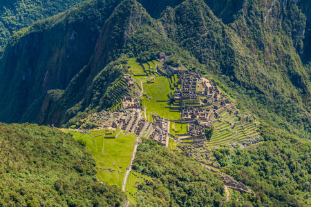 Aerial view of Machu Picchu ruins from Machu Picchu mountain, Peruの写真素材
