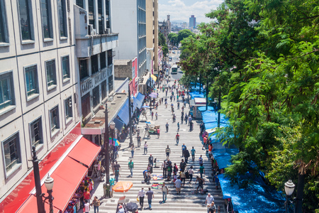 SAO PAULO, BRAZIL - FEBRUARY 3, 2015: People walk on a pedestrian zone at Rua General Carneiro street in Sao Paulo.のeditorial素材