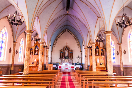 FRUTILLAR, CHILE - MARCH 1, 2015: Inerior of a wooden church in Frutillar village.のeditorial素材