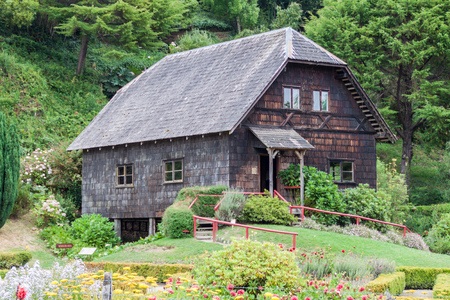 Old wooden water mill in Frutillar village, Chileのeditorial素材