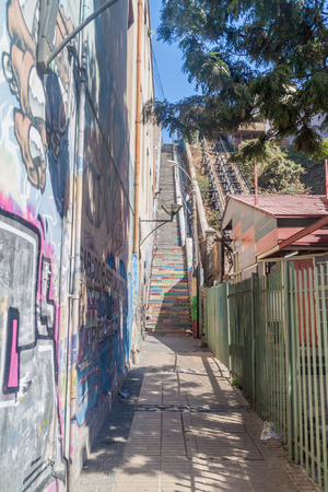 VALPARAISO, CHILE - MARCH 29, 2015: Colorful stairs in Valparaiso, Chileのeditorial素材