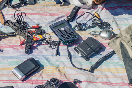 SANTIAGO, CHILE - MARCH 28, 2015: Old electronics at s street market in Bellavista neighborhood of...