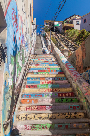 VALPARAISO, CHILE - MARCH 29, 2015: Colorful stairs in Valparaiso, Chileのeditorial素材