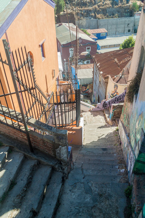 VALPARAISO, CHILE - MARCH 29, 2015: Steep stairs in Valparaiso, Chileの写真素材