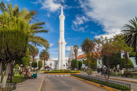 SUCRE, BOLIVIA - APRIL 21, 2015: Obelisk of Freedom Tower Monument in Sucre, capital of Bolivia.のeditorial素材