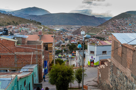 POTOSI, BOLIVIA - APRIL 18, 2015: Steep street in Potosi, Bolivia.のeditorial素材