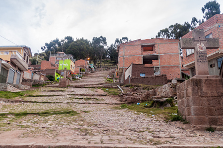 COPACABANA, BOLIVIA - MAY 11, 2015: Stairs to Calvario viewpoint in Copacabana town, Boliviaのeditorial素材