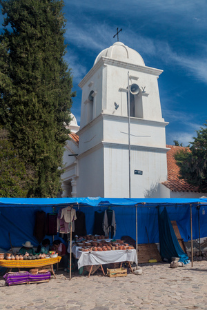 HUMAHUACA, ARGENTINA - APRIL 12, 2015: Church and a market in Humahuaca village, Argentinaのeditorial素材