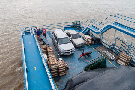 AMAZON, BRAZIL - JUNE 30, 2015: Cargo deck of a  passenger river boat on Amazon river.のeditorial素材