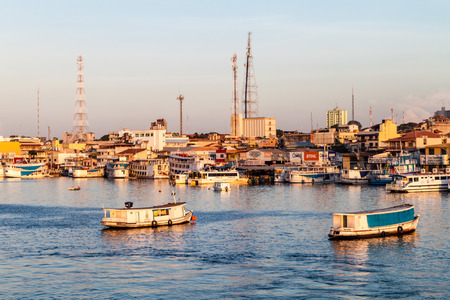 SANTAREM, BRAZIL - JULY 29, 2015: River boats anchored in Santarem, Brazilのeditorial素材