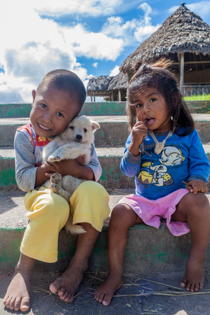 GRAN SABANA, VENEZUELA - AUGUST 13, 2015: Indigenous children in Gran Sabana region of Venezuelaのeditorial素材