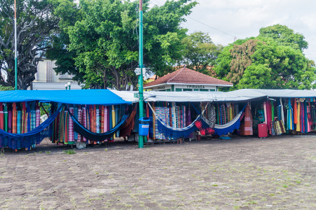 SANTAREM, BRAZIL - JULY 29, 2015: Row of hammock selling stalls in Santaremのeditorial素材