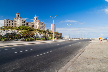 HAVANA, CUBA - FEB 21, 2016: Famous seaside drive Malecon and Hotel Nacional de Cuba in Vedado neighborhood of Havana.のeditorial素材