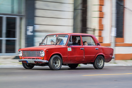HAVANA, CUBA - FEB 21, 2016: Soviet Lada car rides on the street in Havana.のeditorial素材