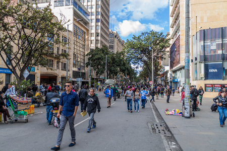BOGOTA, COLOMBIA - SEPTEMBER 24, 2015: People walk on Carrera 7 street in Bogota, capital of Colombia.のeditorial素材