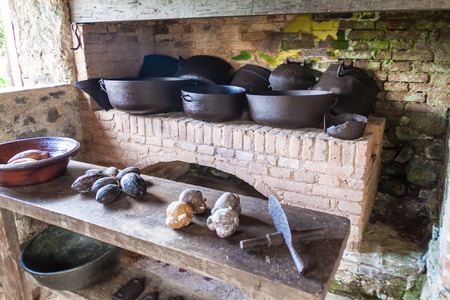 LA GRAN PIEDRA, CUBA - FEB 2, 2016: Kitchen of Cafetal la Isabelica coffee growing plantation mansion, Sierra Maestra mountain range, Cubaの写真素材