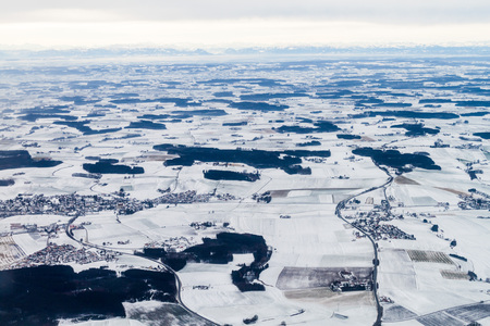 Winter aerial view of the landscape of Bavaria near Munich, Germanyの写真素材