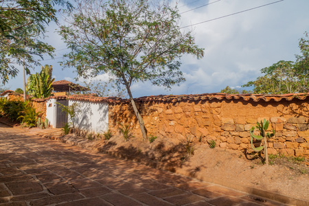 Old stone wall in Barichara village, Colombiaの写真素材
