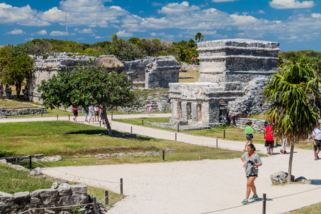 TULUM, MEXICO - FEB 29, 2016: Tourists visit the ruins of the ancient Maya city Tulum, Mexicoのeditorial素材